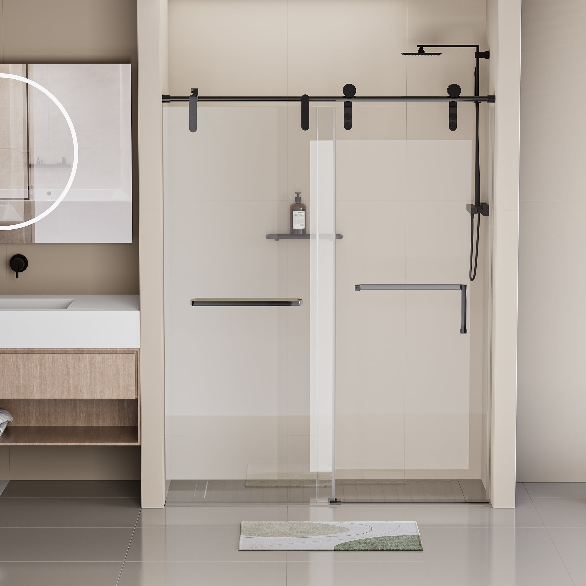 Frameless Brushed Nickel Sliding Shower Door with Clear Tempered Glass