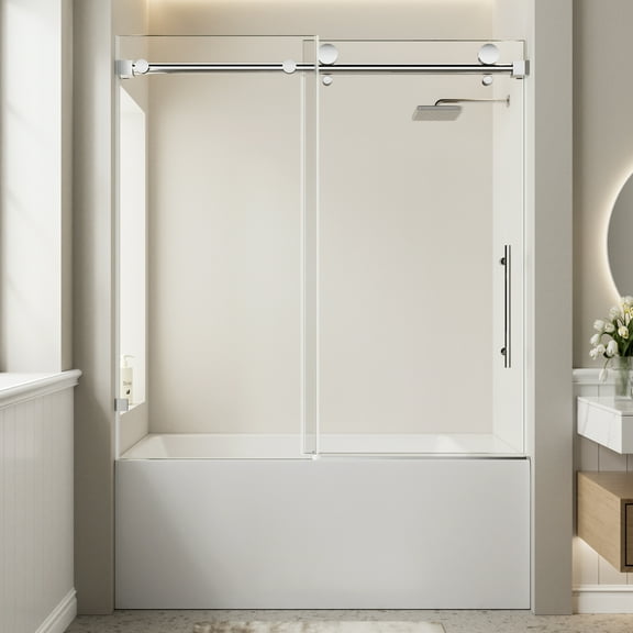 56–60" W × 60" H Fully Frameless Sliding Bathtub Door, 5/16" (8 mm) Tempered Glass with Explosion-Proof Film, Chrome Finish