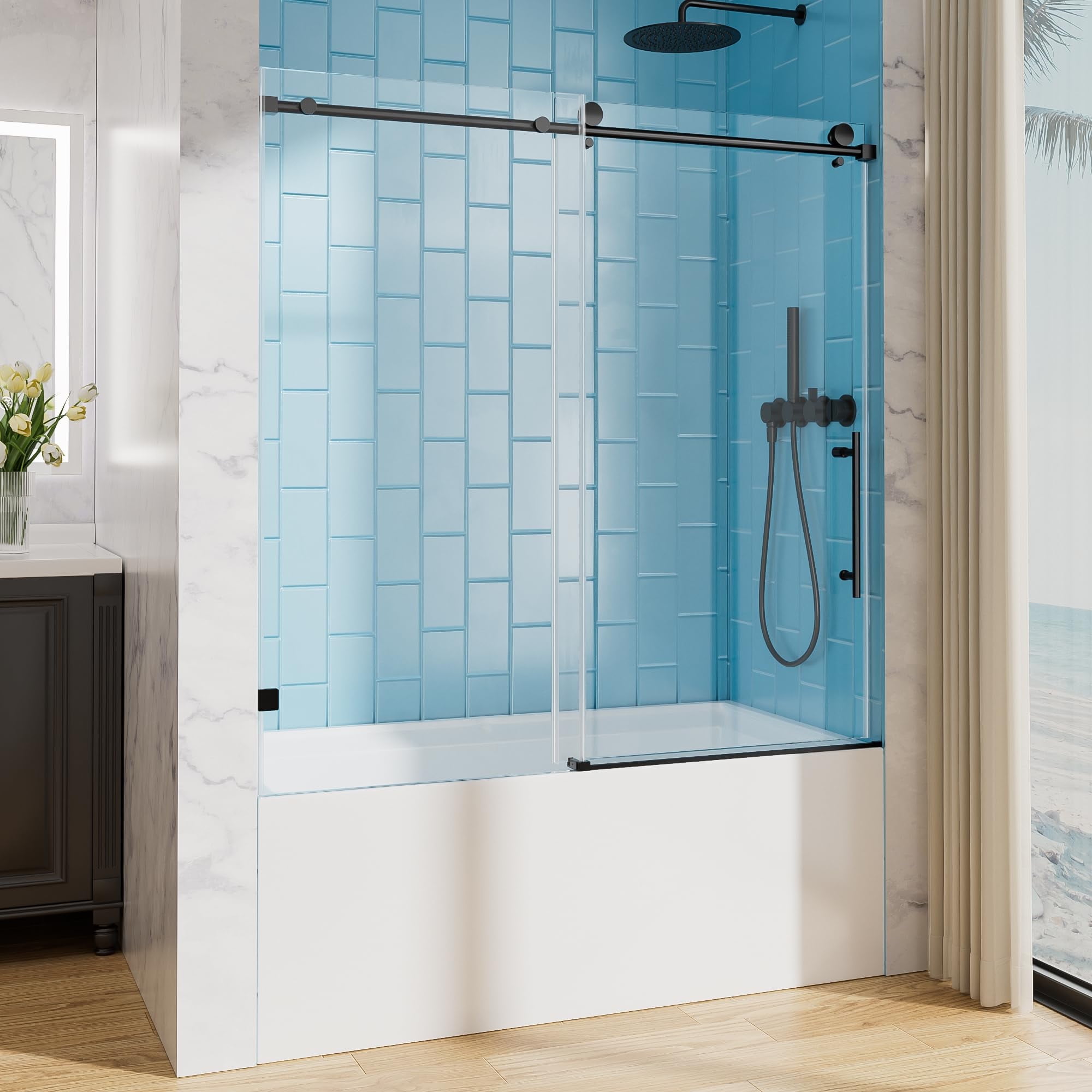 56-60" W  60" H Shower Door Frameless, Single Sliding Bathtub Shower Door for Bathroom, 5/16" (8mm) Tempered Glass, Stainless Steel Handle, Easy to Clean, Matte Black
