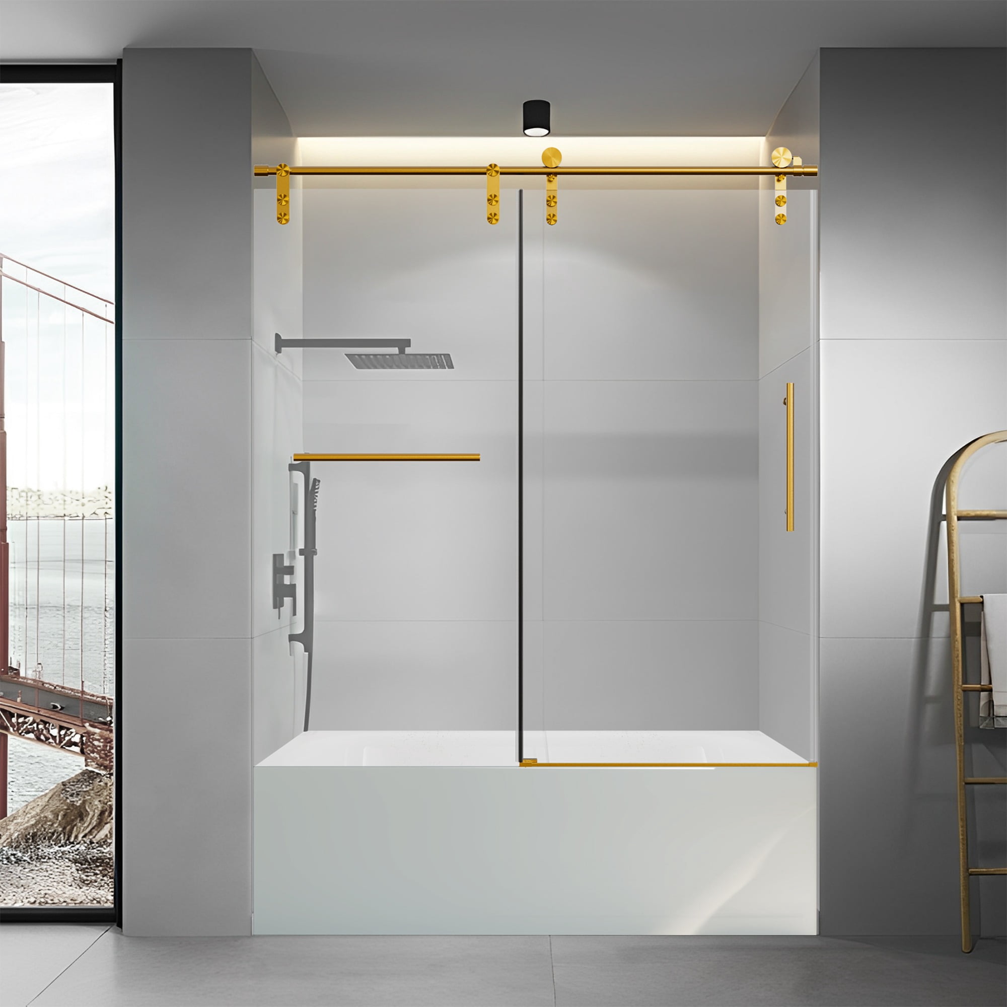 56-60" W * 66" H Frameless Single Sliding Shower Doors, Bathroom Sliding Shower Door With Towel Rail And Auxiliary Handle, 5/16" (8mm) Thick SGCC Tempered Glass Door