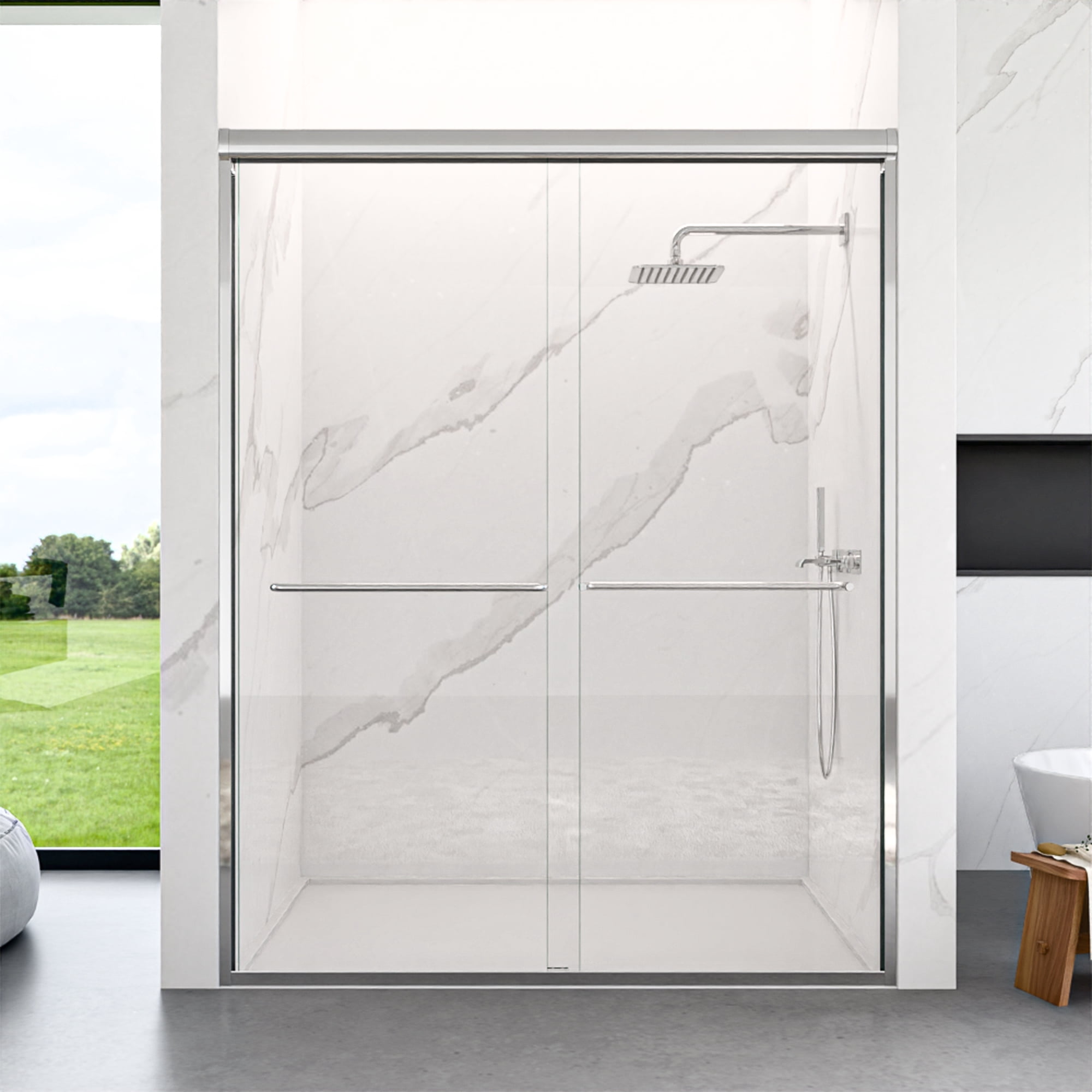 SUNNY SHOWER 60" X 72" Sliding Shower Door – Brushed Nickel, Semi-Frameless Clear Glass
