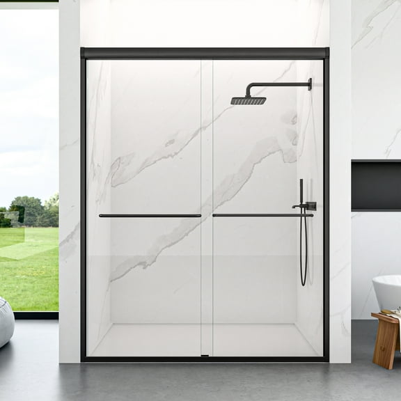56"-60"W*72" H Semi-Frameless Double Sliding Shower Door, Bypass Shower Door, 1/4" (6mm) Thick SGCC Tempered Glass Door, Matte Black