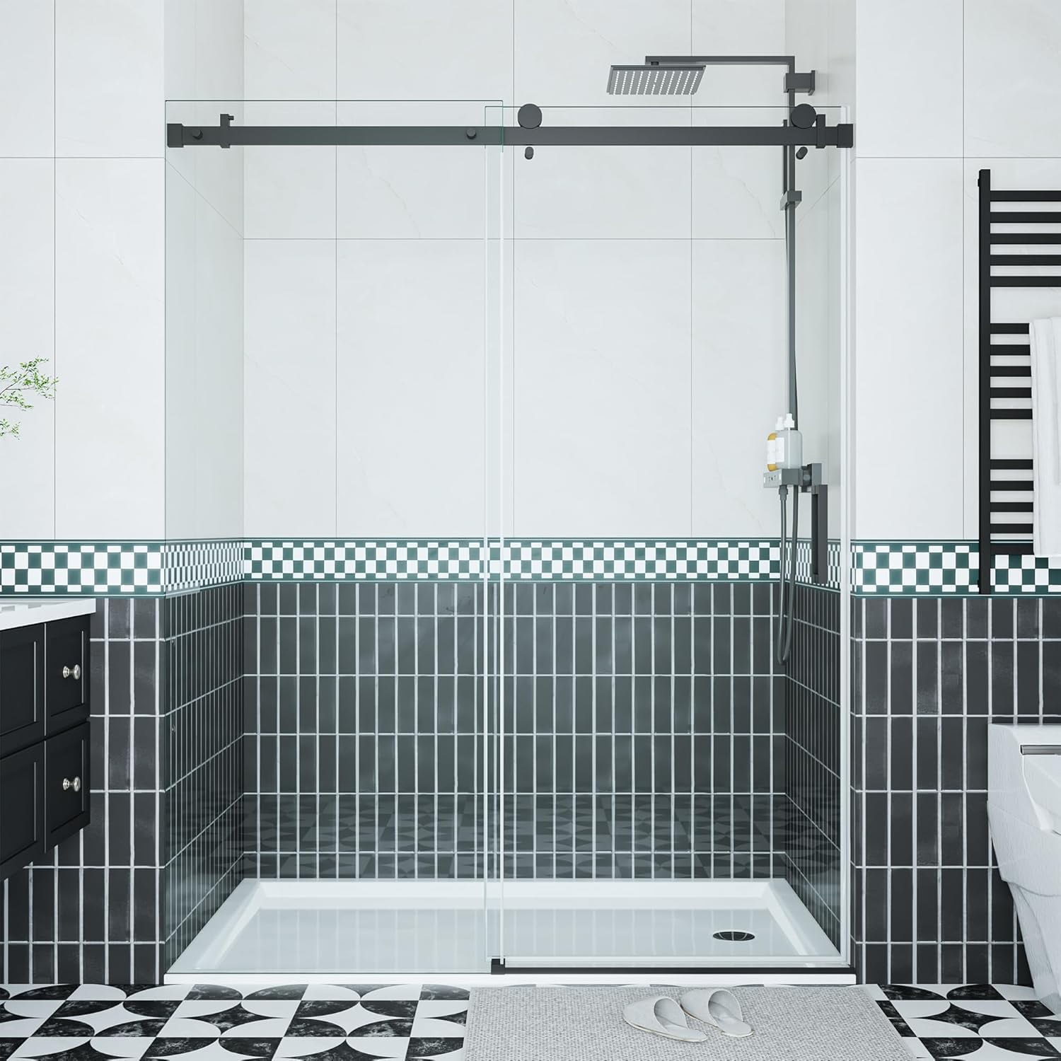 Matte Black Frameless Sliding Shower Door with Stainless Steel Handle