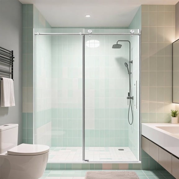 56-60" W * 76" H Stainless Steel Round Tube Frameless Single Sliding Shower Door, 1/4"-thick (6mm) SGCC Clear Tempered Glass Door, Reversible Installation, Brushed Sliver