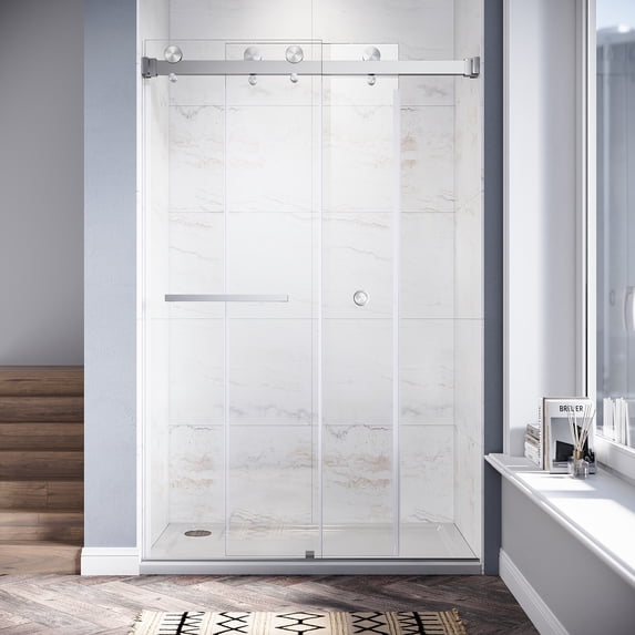 UKD01 46 to 49 in. x 76 in. H Frameless Double Sliding Shower Door in Brushed Nickel with 3/8 in. (10mm) Clear Glass
