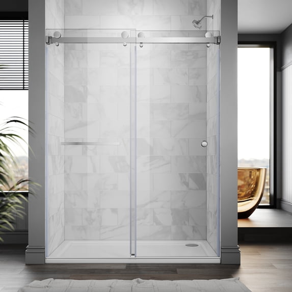 UKD01 61 to 65 in. x 66 in. H Frameless Double Sliding Shower Door in Chrome with 3/8 in. (10mm) Clear Glass