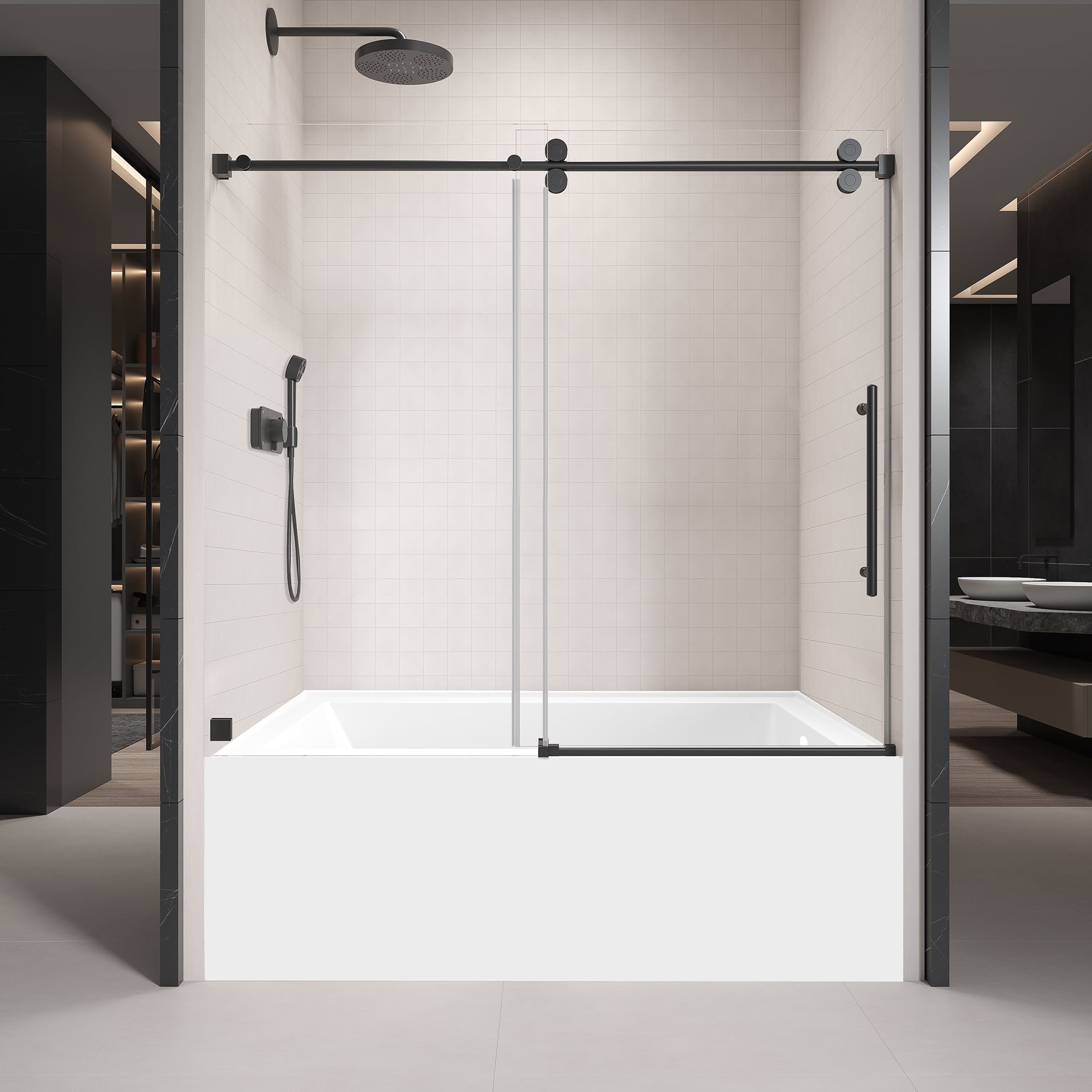 56'' 60'' W X 60'' H Single Sliding Frameless Tub Shower Door With 3/8 Inch (10Mm) Clear Glass