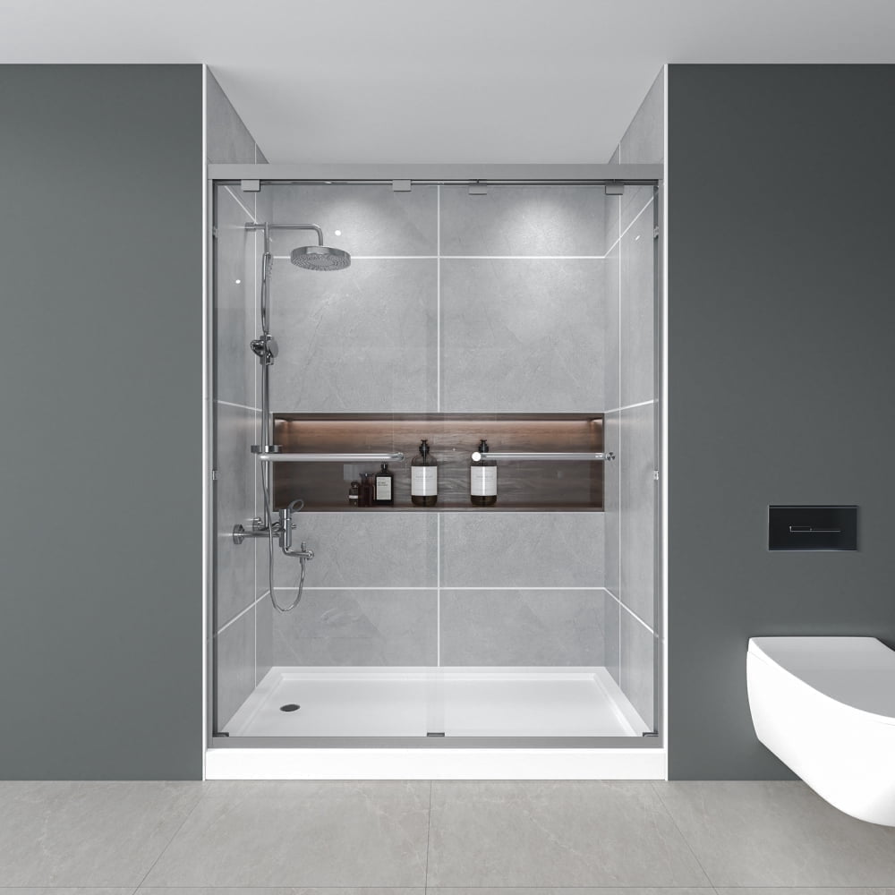 Brushed Nickel 56-60" x 72", 1/4" Thick Tempered Glass Double Sliding Shower Door