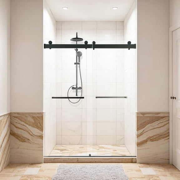56-60" W X 76" H Frameless Double Sliding Shower Door, 3/8" (10Mm) Thick Sgcc Tempered Glass with 4 Water Seal Strips and Soft-Close, Stainless-Steel Handle, Adjustable Width, Matte Black