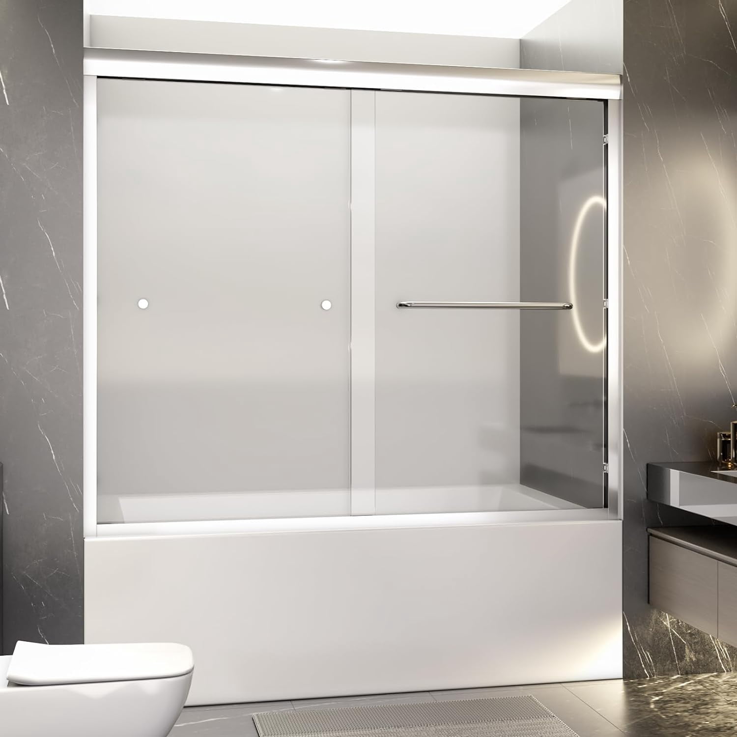 56-60" W x 58" H Bathtub Shower Door, Double Sliding Semi-Frameless Tub Shower Door with Premium 1/4 Inch (6mm) Thick SGCC Tampered Glass, Explosion-Proof Film, Chrome
