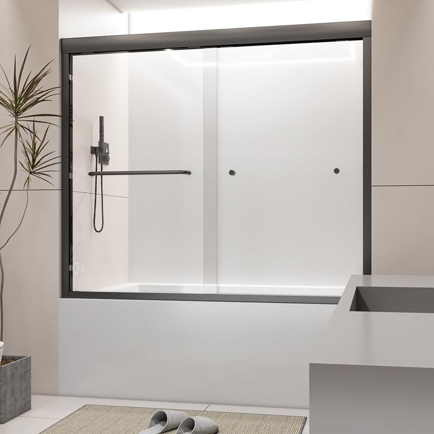 56-60" W x 58" H Bathtub Shower Door, Double Sliding Semi-Frameless Tub Shower Door with Premium 1/4 Inch (6mm) Thick SGCC Tampered Glass, Explosion-Proof Film, Matte Black