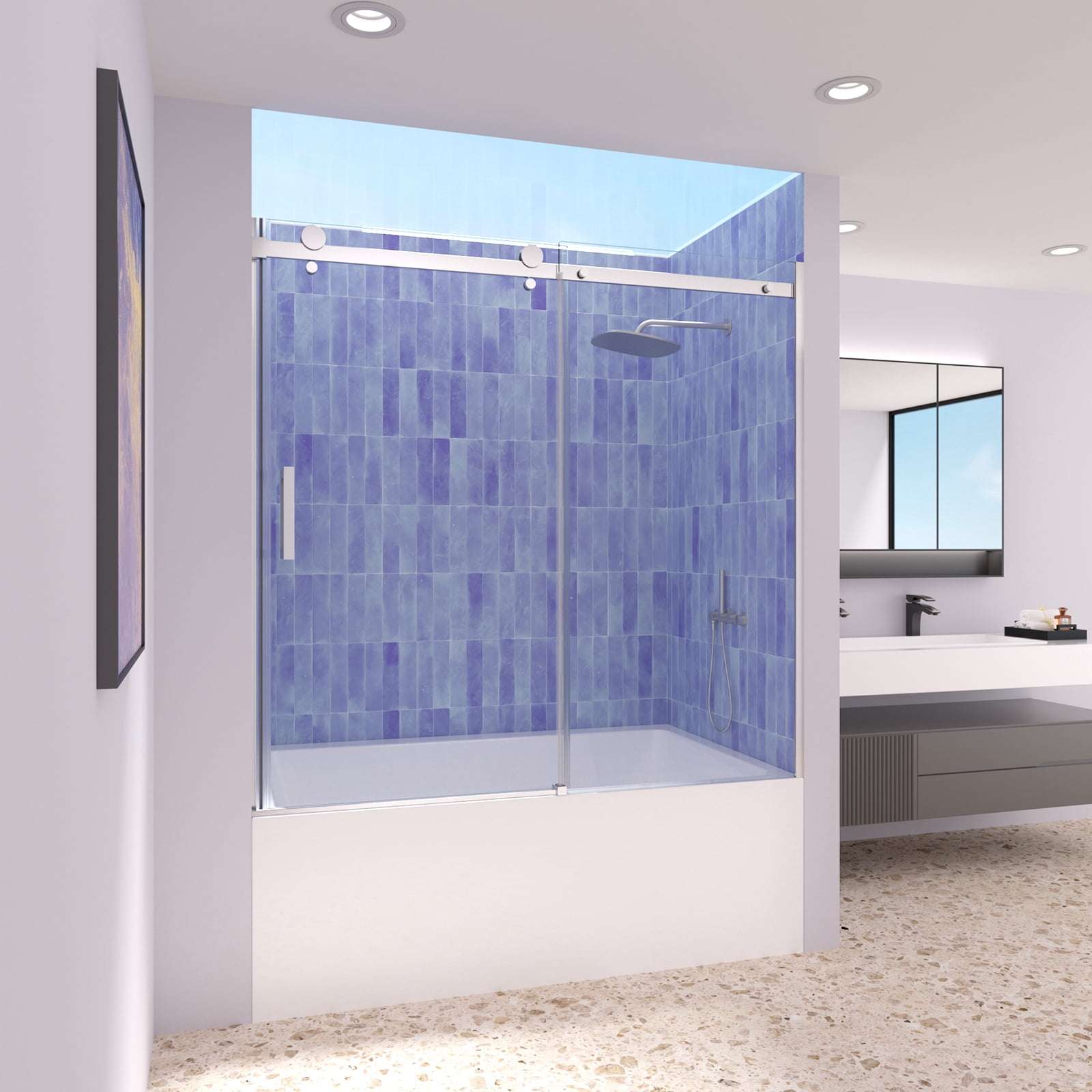 56-60" W x 58" H Frameless Bathtub Sliding Doors, Glass Shower Door for Tub with Magnet And 5/16"(8mm) Clear Tempered Glass, Chrome Finish, ACE DECOR