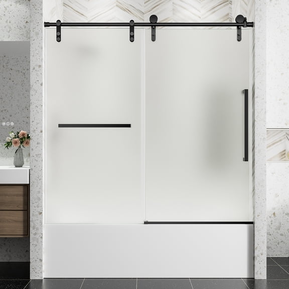 56"-60"W x 60"H Fully Frameless Sliding Bathtub Door, 5/16"(8mm) Clear Tempered Safety Glass, Matte Black Stainless Steel Hardware, Sturdy Durable Bathroom Tub Shower Enclosure