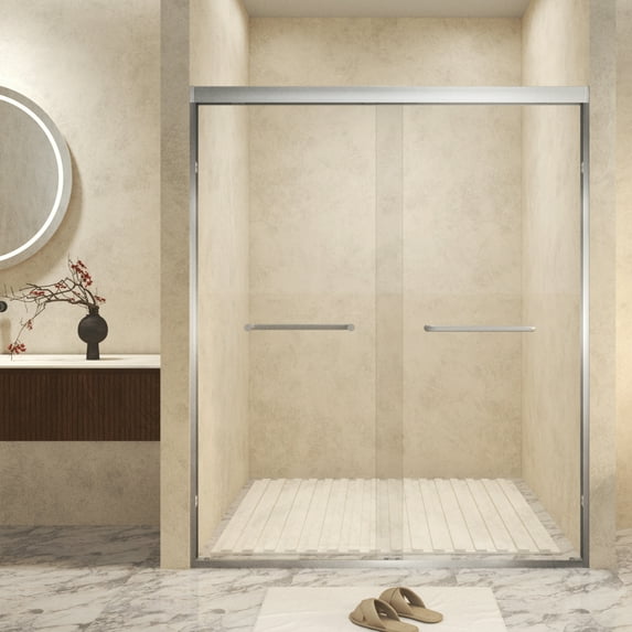 56-60" W x 72" H Aluminum Frame Double Sliding Shower Door, 1/4" Tempered Glass, Brushed Nickel