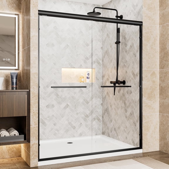 56-60" W x 72" H Double Sliding Shower Door, Semi-Frameless Glass Shower Door, 1/4 inch Clear Tempered Glass Door for Walk-in Shower Matte Black