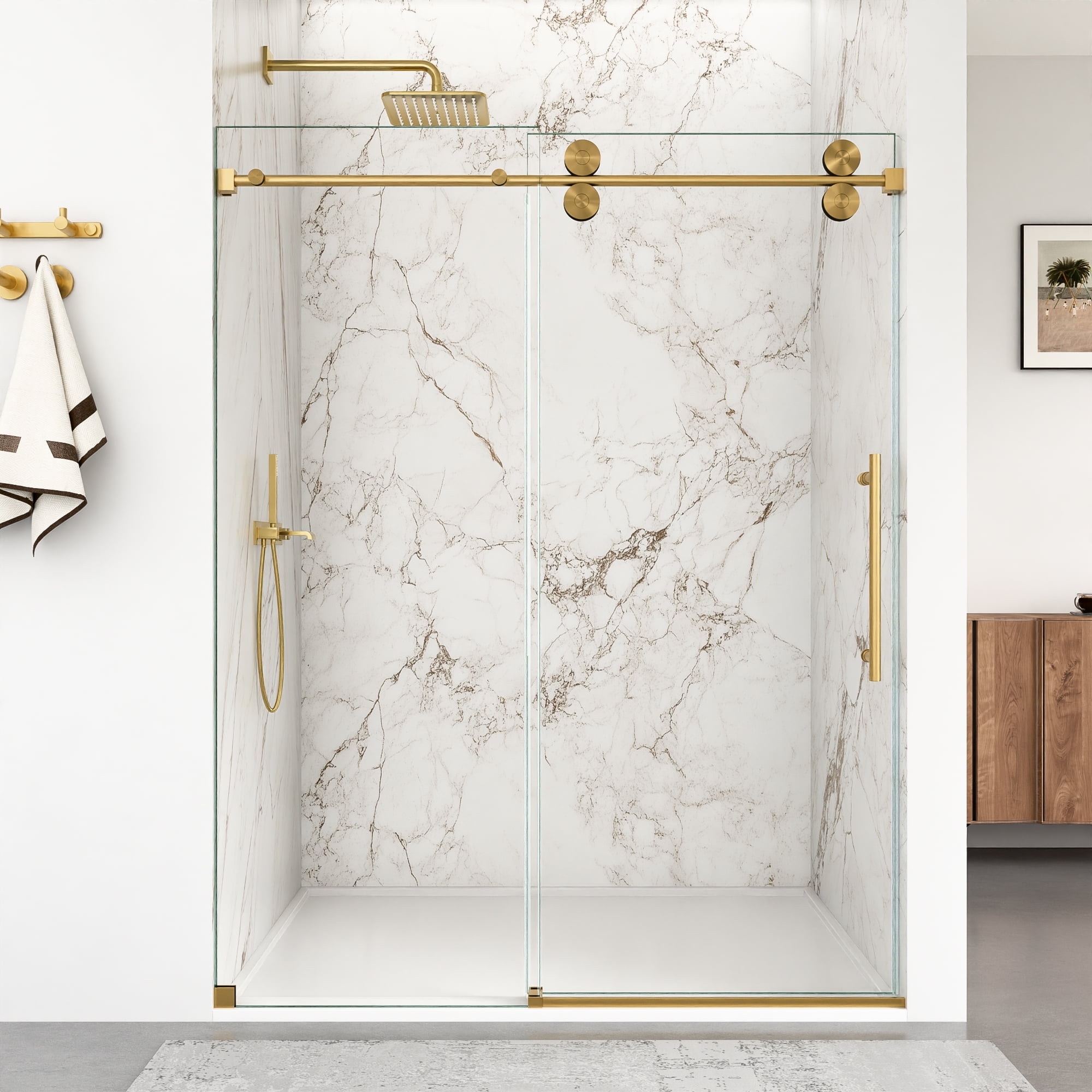 Frameless Sliding Shower Door 56-60" W X 76" H, 5/16" (8mm) Clear Nano Tempered Glass, Bypass Bathroom Shower Glass Doors With Stainless Steel Hardware, Easy To Clean Gold