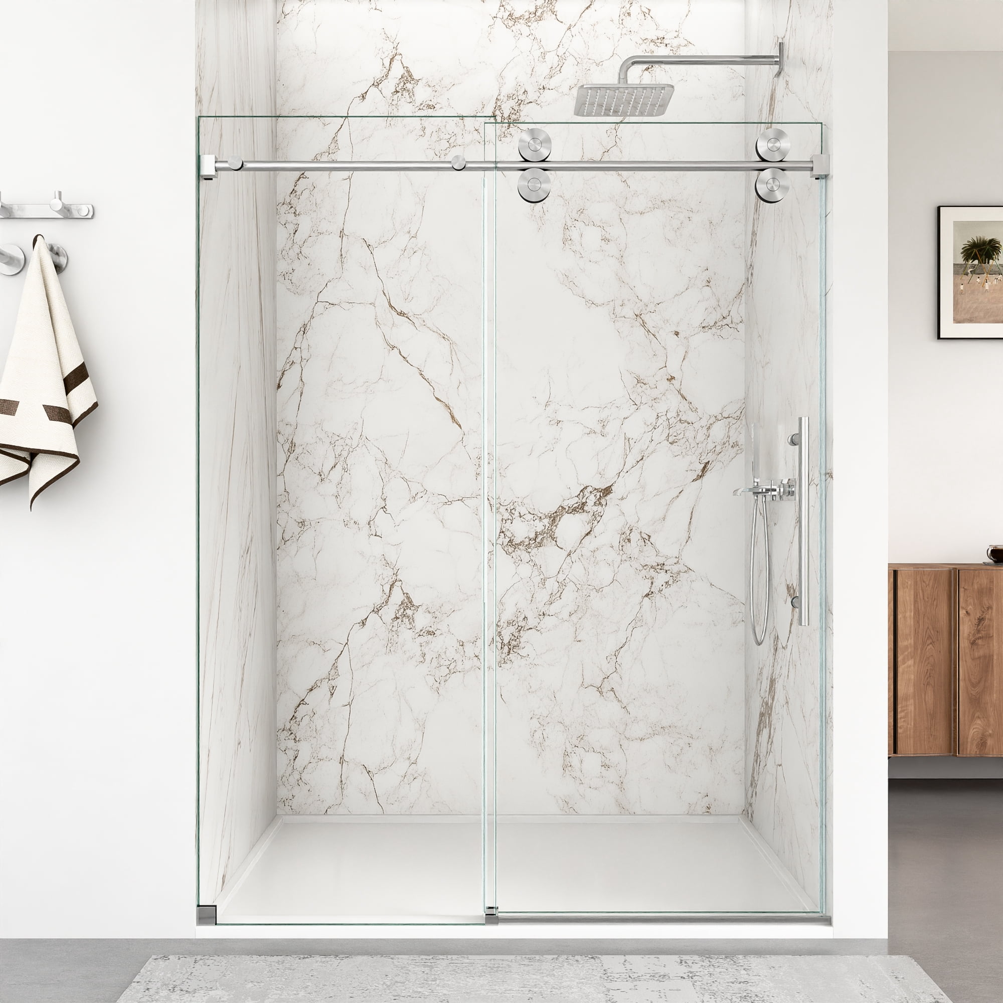 56"-60"W x 72"H Frameless Single Sliding Shower Door – 5/16" (8mm) Clear Tempered Glass,Brushed Nickel02