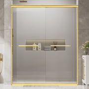 56-60W x 72H Semi-Frameless Double Sliding Shower Door, 6mm Clear Tempered Glass with Explosion-Proof Film, Gold Aluminum Frame