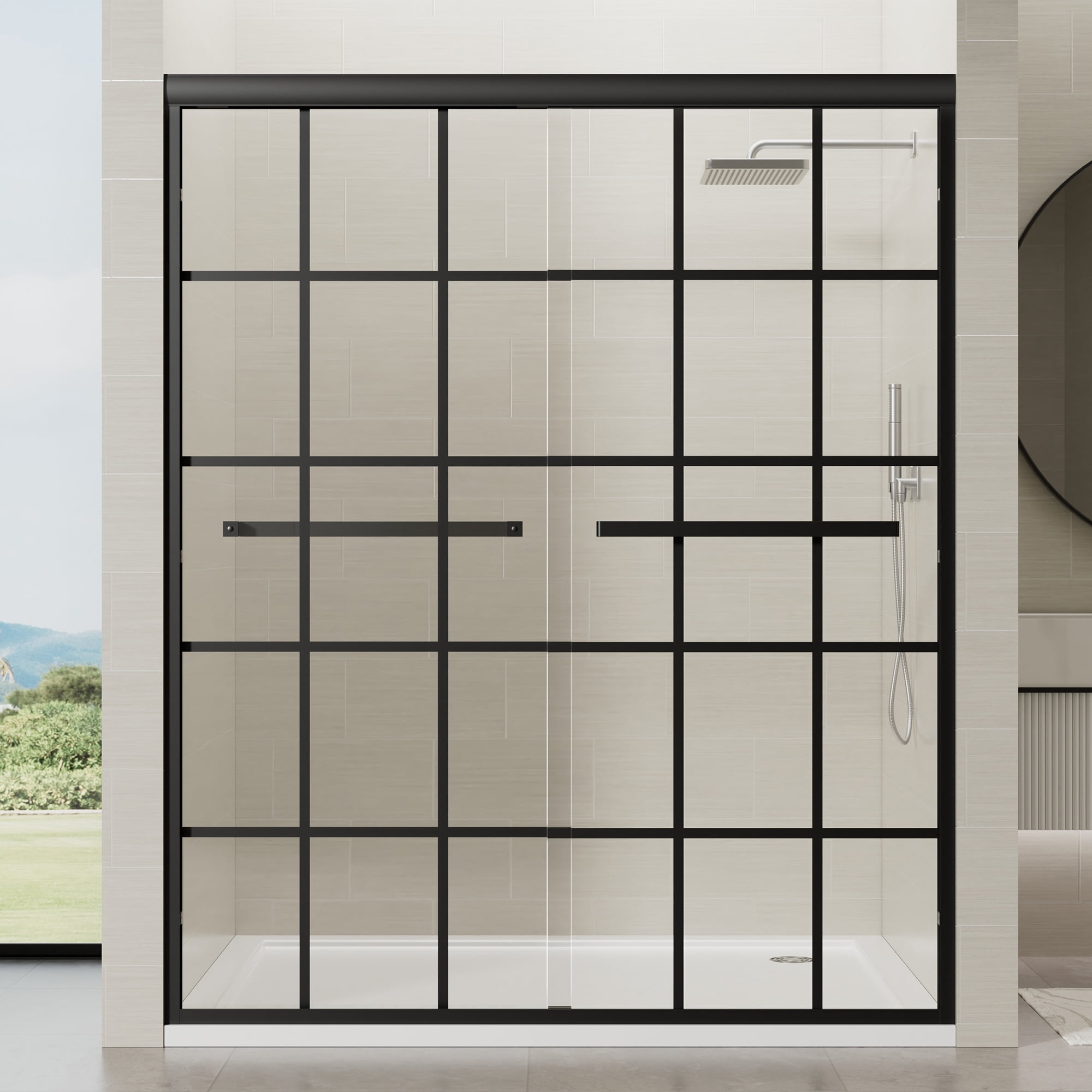 5660" W x 72" H Semi-Frameless Double Sliding Shower Door, 6mm Tempered Glass, Matte Black Aluminum Frame with Black Grid