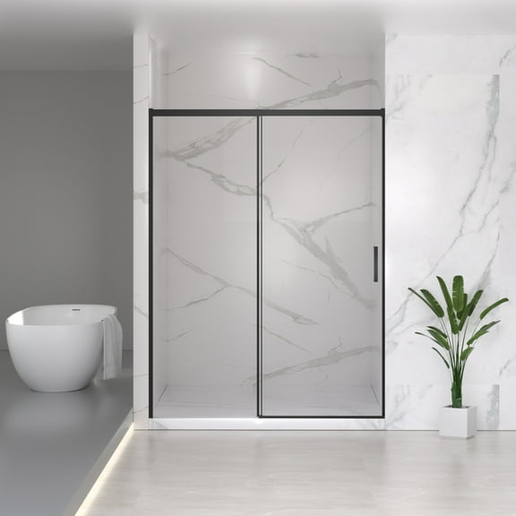 56-60" W x 74" H Semi-Frameless Sliding Shower Door, 1/4" Tempered Glass, Matte Black, No-Cut Adjustable Width