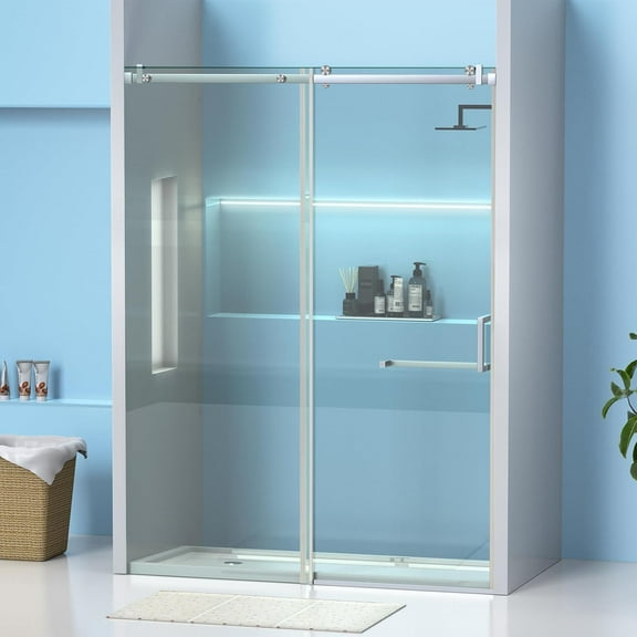 56-60" W x 75" H Frameless Sliding Shower Door, Shower Glass Door with 5/16" (8mm) Clear SGCC Tempered Glass, Explosion-Proof Film, Seal Strip Parts and Stainless Steel Handle, Silver