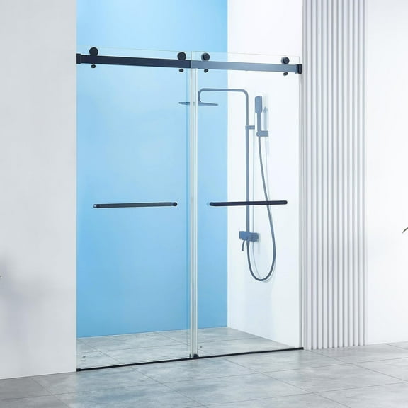 56-60" W x 76" H Frameless Double Sliding Shower Door, Frameless Shower Door, Shower Glass Door with 5/16" (8mm) Clear SGCC Tempered Glass, Explosion-Proof Film A01 (Black)