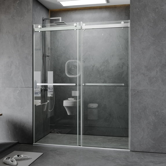 56 to 60'' W x 76'' H Frameless Shower Door, Double Sliding Shower Door with Premium 3/8'' (10mm) Thick Tempered Glass, Stainless Steel, Brushed Nickel