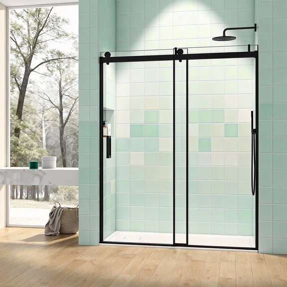 56-60" W x 76" H Sliding Frameless Soft-Close Shower Door with Premium 3/8 Inch (10mm) Thick Tampered Glass in Matte Black