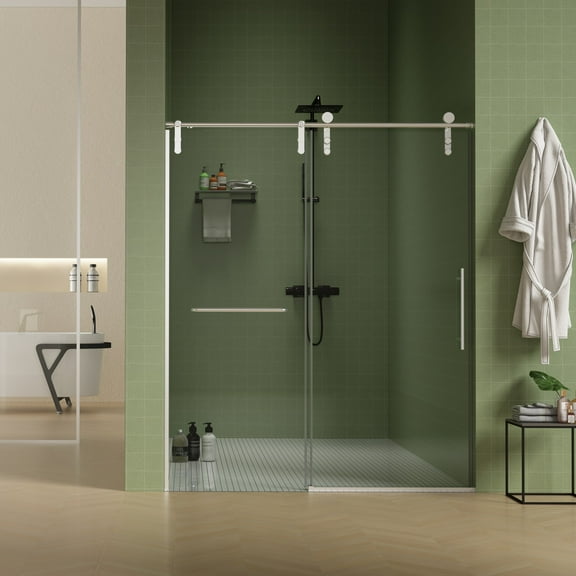 56"-60"W x 76"H Sliding Shower Door, Frameless Shower Door with Premium 5/16"(8mm) Thick Tempered Glass, Brushed Nickel Finished and Towel Bar, Water Repellent Shower Glass Door for Bathroom