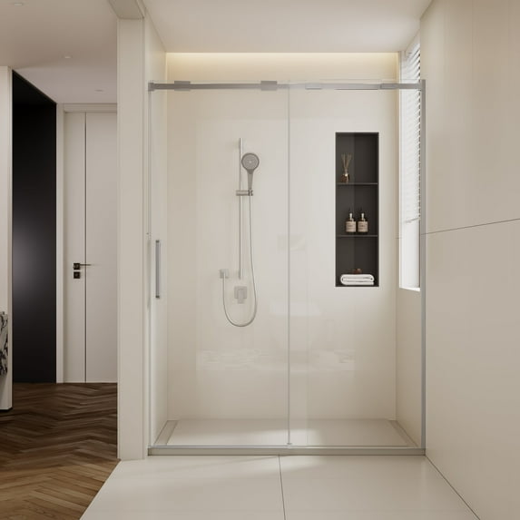 56-60"W x74"H Semi-Frame Single Sliding Shower Door,304 Stainless Steelin Brushed Nickel finish,5/16" (8mm) Thick SGCC Tempered Clear Glass,Type C Wrapped Guide Rail Anti-derailment Pulley