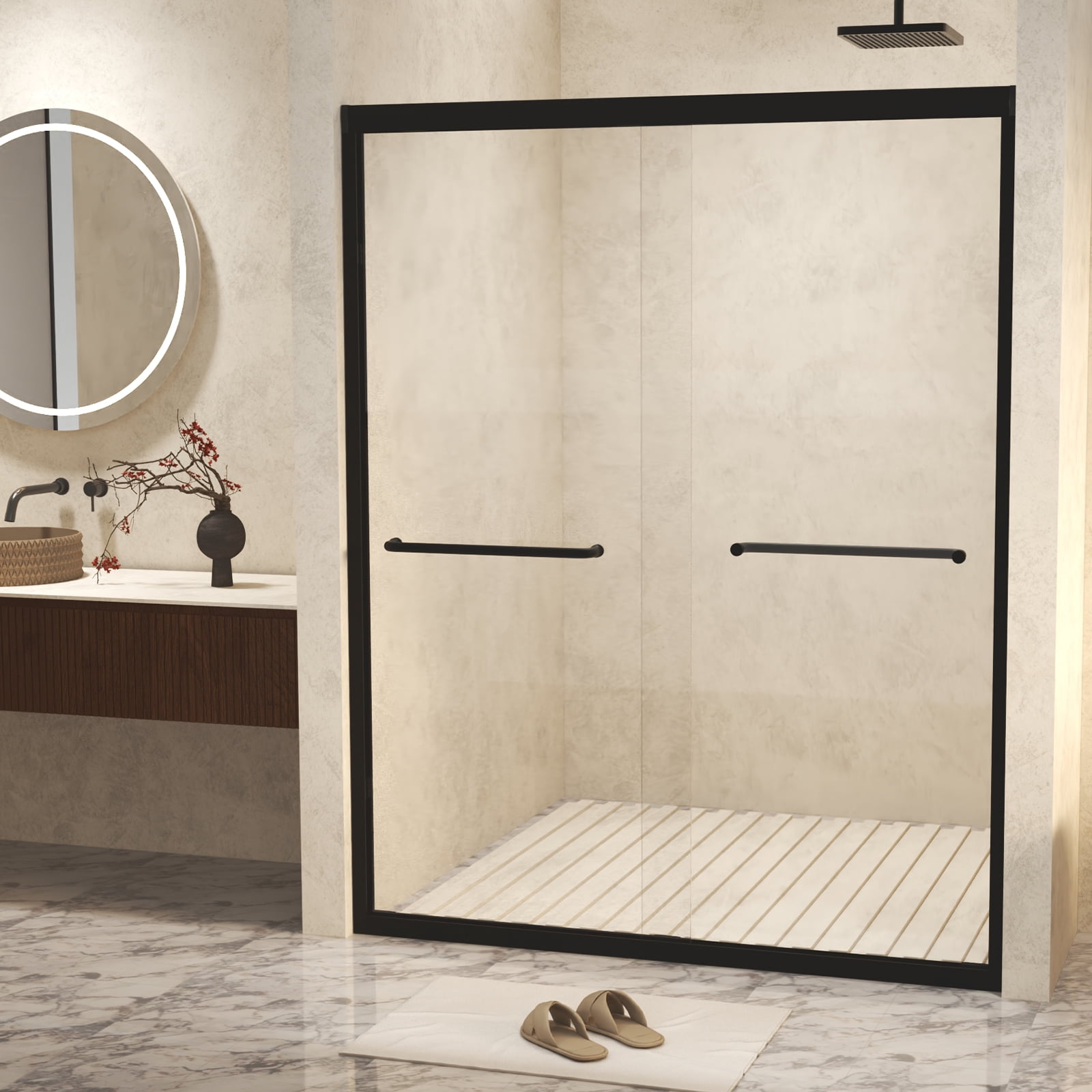 56-60 in.W x 72 in.H Double Sliding Framed Shower Door,Clear Tempered Glass,Stainless Steel Frame,Matte Black Finish