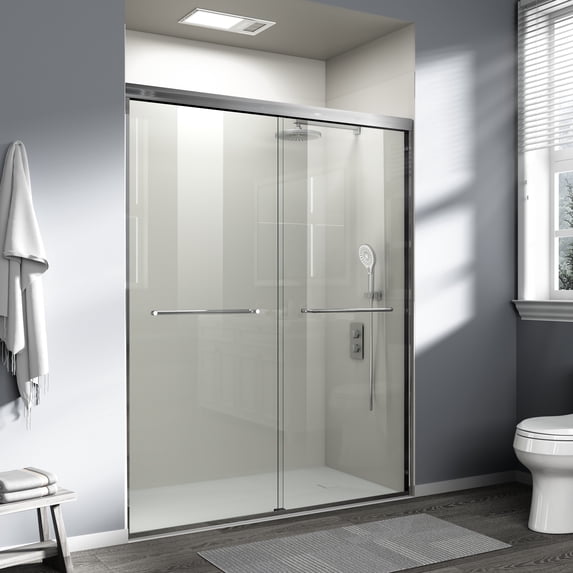 56-60 in. W x 72 in. H Double Sliding Shower Door, Semi-frameless Bathroom Sliding Door with 1/4" (6mm) Tempered Glass for Walk-in Shower, Brushed Nickel