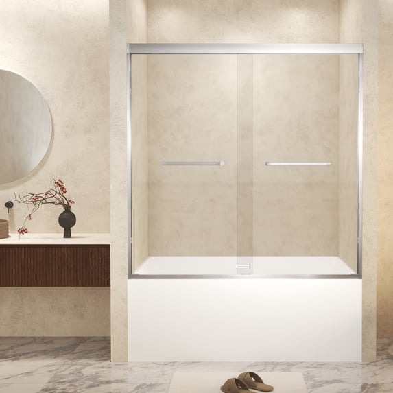 56-60 " x 72" Tempered Glass with Explosion Proof Film, Aluminum Frame Double Sliding Shower Door, "1/4 (6 mm), Stainless Steel handle,Brushed Nickel