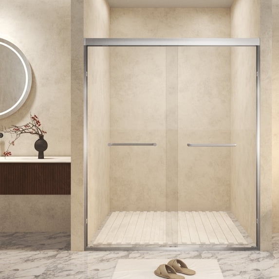 56-60 " x 72" Tempered Glass with Explosion Proof Film, Aluminum Frame Double Sliding Shower Door, "1/4 (6 mm), Stainless Steel handle,Brushed Nickel