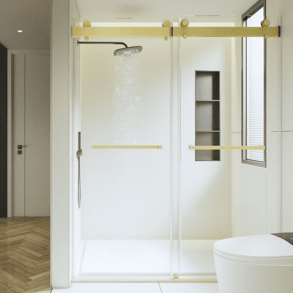 Brushed Gold Frameless Double Sliding Shower Door with Clear Glass