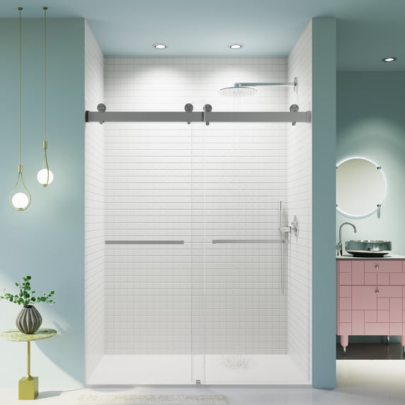 56-60 inches W *76 inches H Frameless Double Sliding Soft-Close Shower Door in Brushed Nickel,3/8 inches (10mm) Thick SGCC Tempered Glass Door