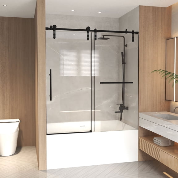 Frameless Sliding Shower Door, 5/16" (8mm) Clear Tempered Glass, Stainless Steel Frame,Matte Black 56-60" x 66" H