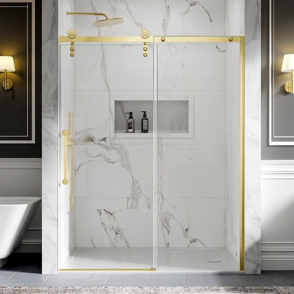 56-60" x 76" Frameless Sliding Barn Door Shower, Brushed Gold, Easy Clean, Fixed Glass Left | ExBrite Elysian-F Series