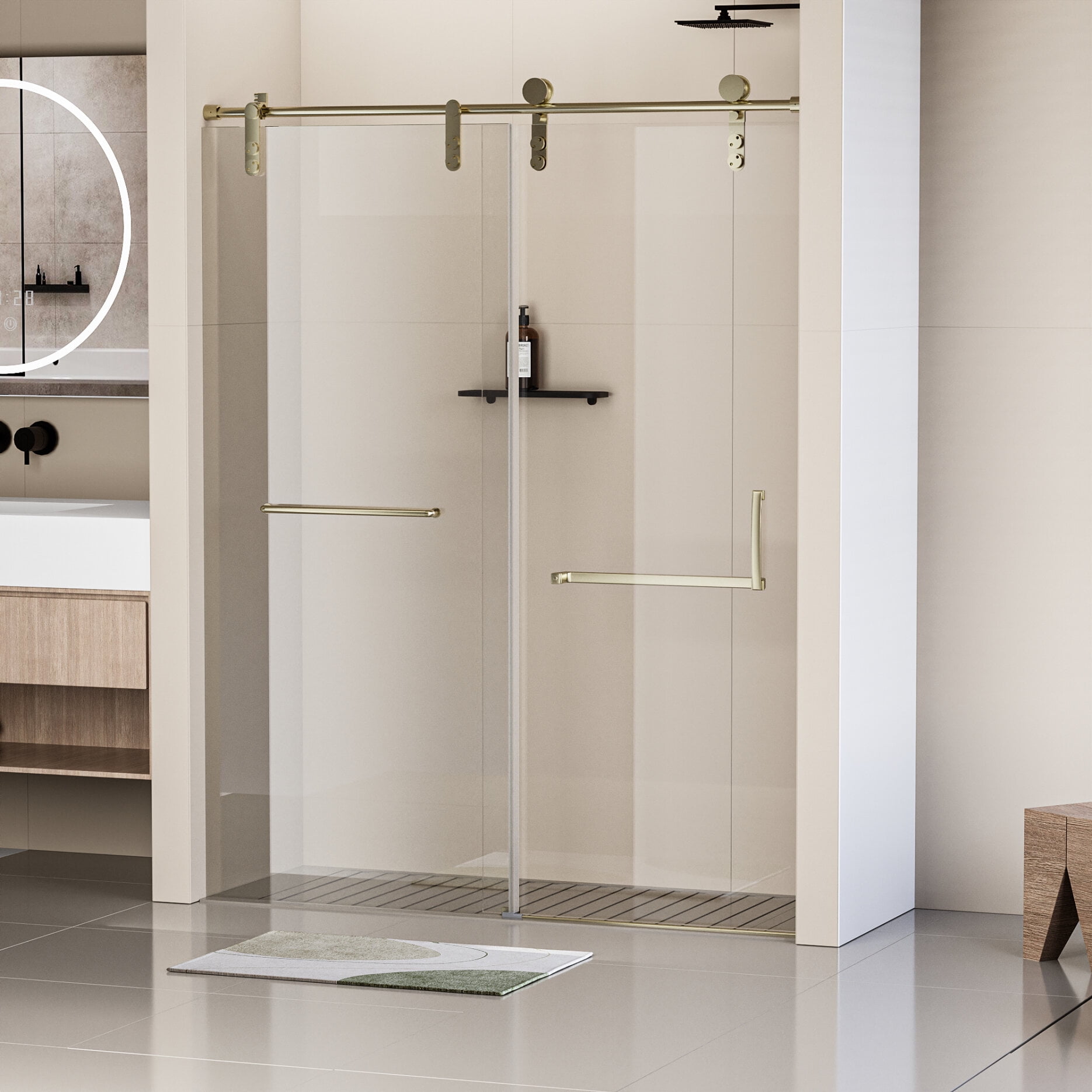 Gold Frameless Single Sliding Shower Door with Clear Tempered Glass
