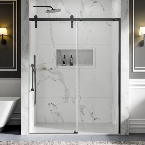 56-60" x 76" Shower Doors Sliding Frameless, Matte Black | ExBrite Elysian-R Series