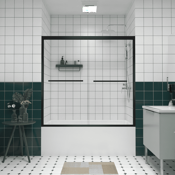 56-60"x58" Aluminum Frame Double Sliding Bathtub Screen,Bypass Bathroom Sliding Door with Premium 1/4" (6mm) Clear Tempered Glass, Black Hardware Sliding Glass Shower Enclosure,Matte Black Finished