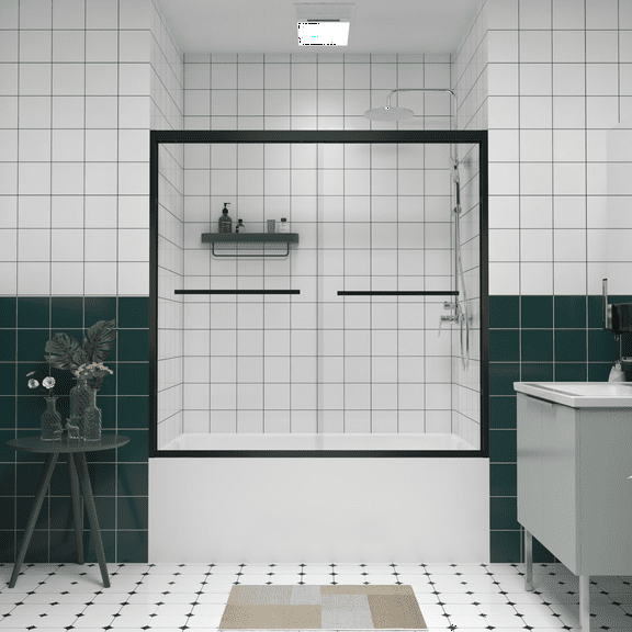 56-60"x58" Aluminum Frame Double Sliding Bathtub Screen,Bypass Bathroom Sliding Door with Premium 1/4" (6mm) Clear Tempered Glass, Black Hardware Sliding Glass Shower Enclosure,Matte Black Finished