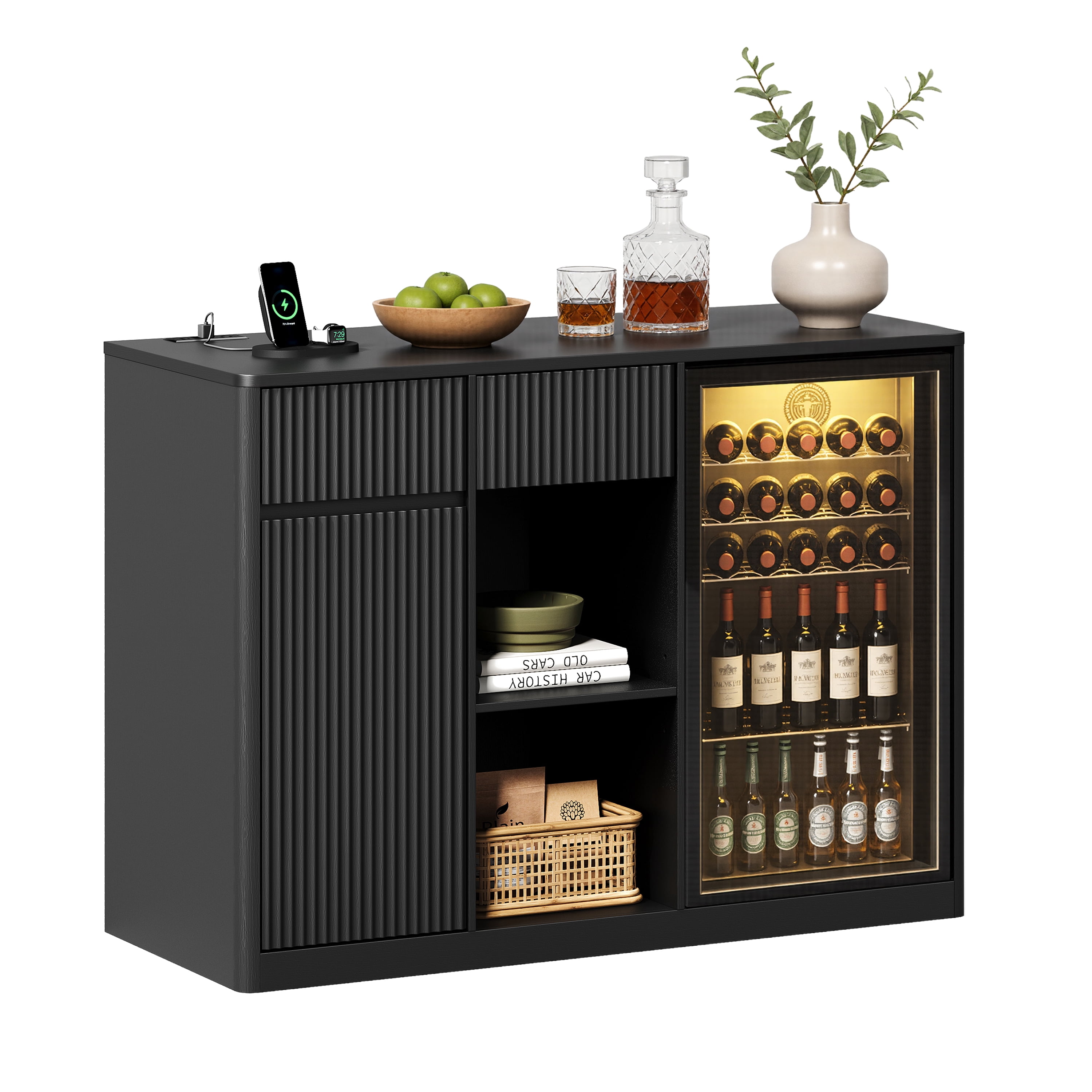 56.69 in Modern Fluted Bar Cabinet with Fridge Compartment, Adjustable Shelves & Built-in Power Outlets, Black