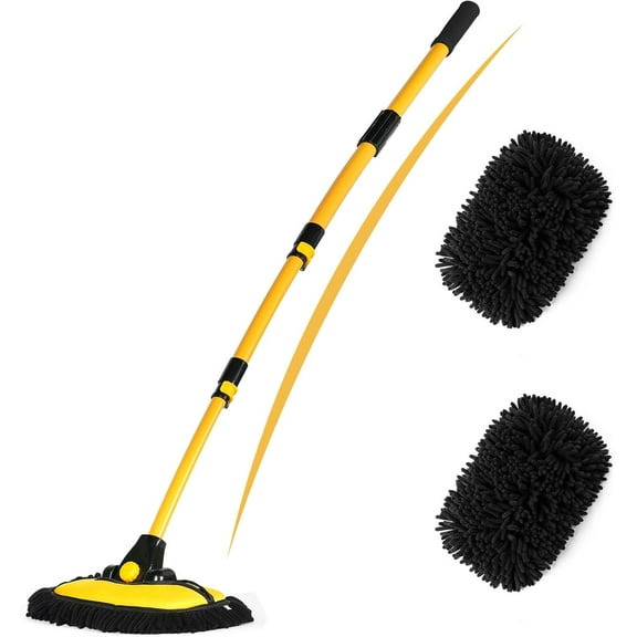 56.7" Car Wash Brush Mop Kit Microfiber Car Washing Sponge Mitt with Long Handle Car Cleaning Supplies Tools RV Washing Duster Exterior Scratch Free, Chenille Replacement Head Extension Pole