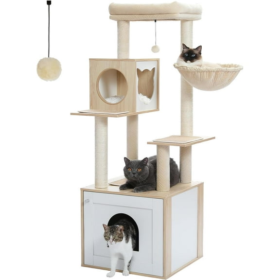 56.7" Cat Tree with Litter Box Enclosure Large, Wood Cat Tower for Indoor Cats with Storage Cabinet and Cozy Cat Condo, Sisal Covered Scratching Post and Repalcable Dangling Balls, Beige