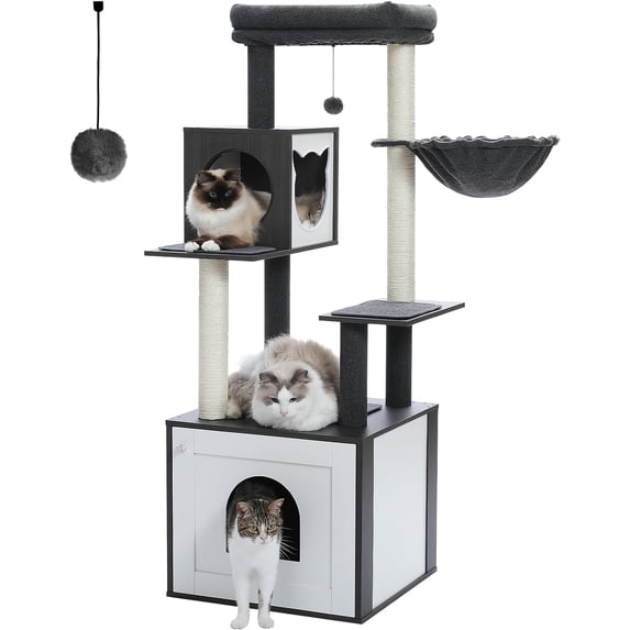 56.7" Cat Tree with Litter Box Enclosure Large, Wood Cat Tower for Indoor Cats with Storage Cabinet and Cozy Cat Condo, Sisal Covered Scratching Post and Repalcable Dangling Balls, Black