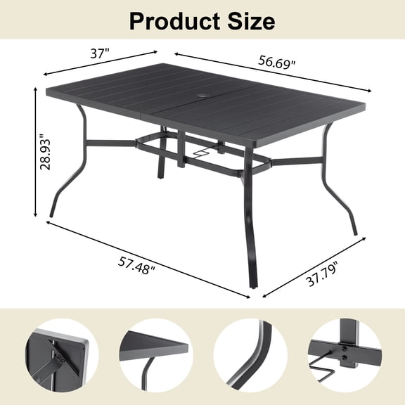 56.7 Outdoor Dining Table for 6, Powder-Coated Steel Slat Top with Umbrella Hole, Anti-Slip Pads, E-Coating Frame, All-Weather Black Patio Table for Garden, Poolside, Backyard