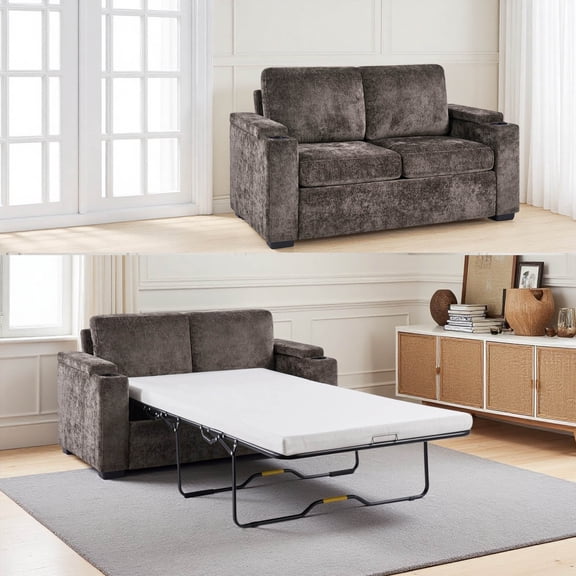 56.7" Pull Out Sleeper Loveseat Sofa Bed with a Fold-out Bed Frame, Full Size Mattress and 2 Cup Holders and Storage Armrests