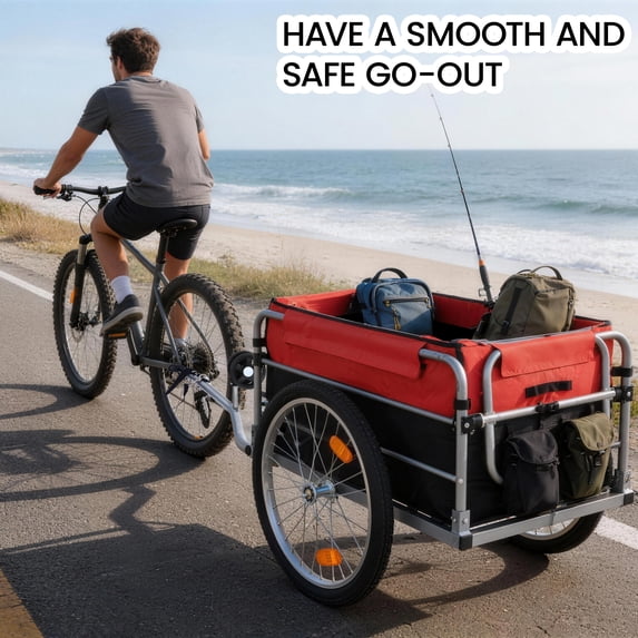 56.75" Bike Trailer with Safe Hitch System,Quick Release Wheels & Folding Design,Trailer with Waterproof Cover & Storage,Suitable for Cycling Travel,Black+Red