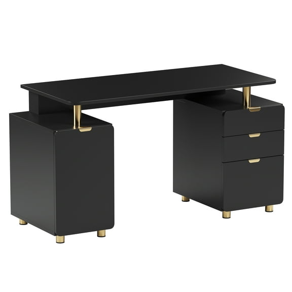56.75" W Elegant Executive Desk with 3 Drawers and Storage Cabinet, Modern Office Desk with Gold Accents, Floating Work Surface, Closed Storage with Ventilation & Adjustable Shelf, Black & Gold